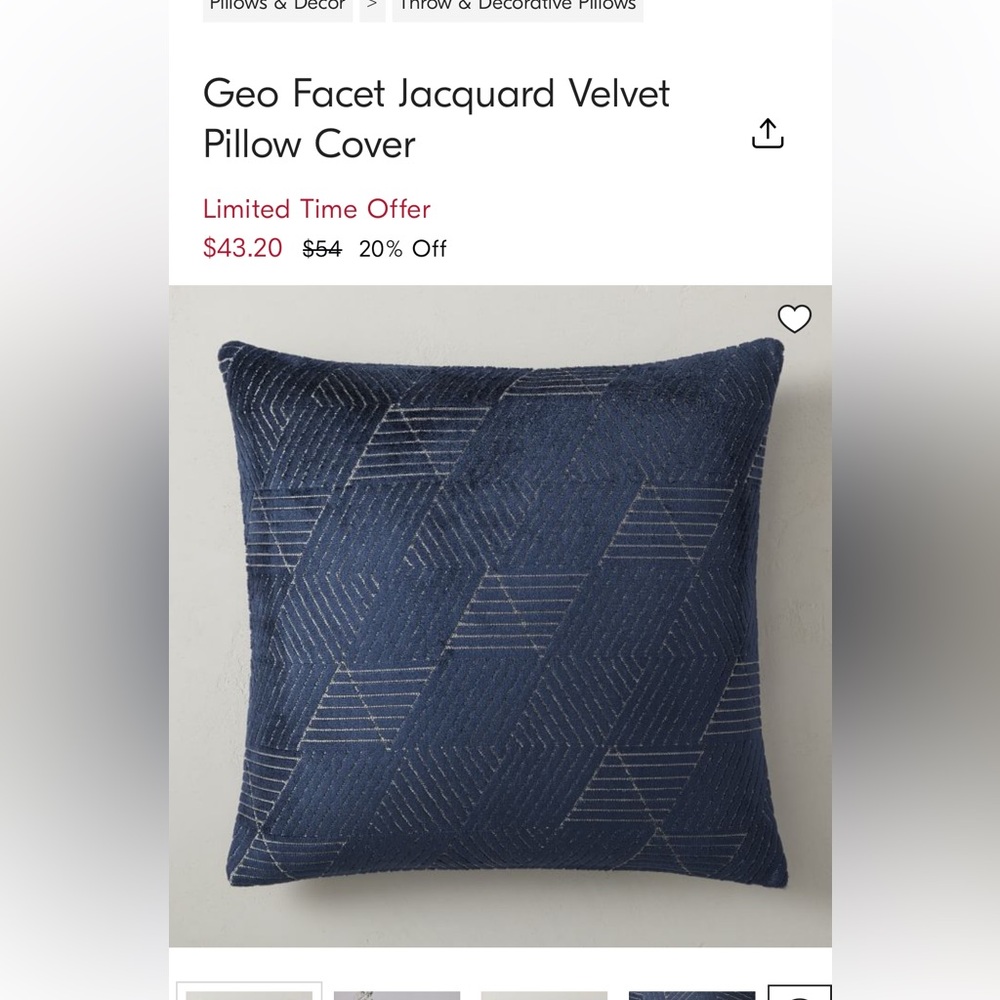 Pair of west elm velvet pillow cases in midnight